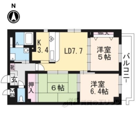 京都市山科区椥辻東潰のマンションの間取り