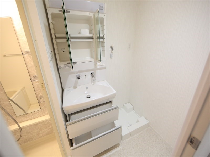 洗面設備　脱衣所　独立洗面台（シャンプードレッサー付）収納スペース有