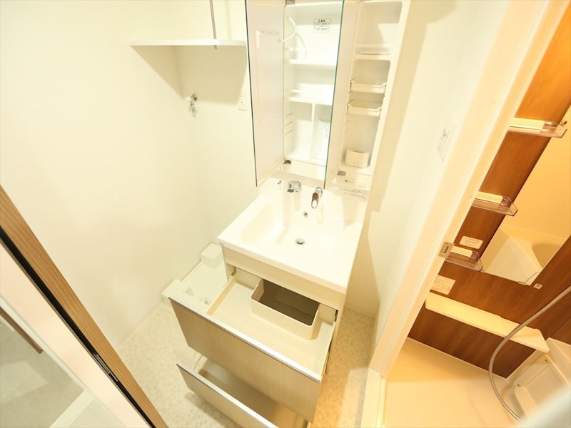 洗面設備　脱衣所　独立洗面台（シャンプードレッサー付）収納スペース有