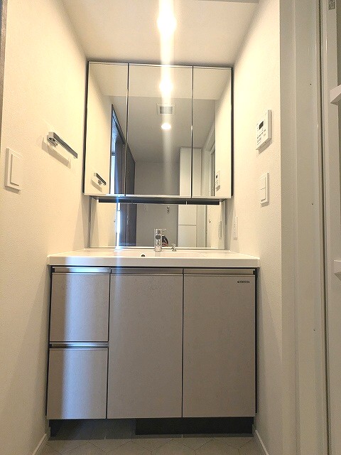 洗面設備　三面鏡付独立洗面台、洗面台の下にヘルスメーターストック付き、