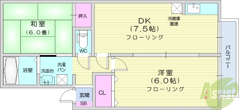 仙台市宮城野区高砂のアパートの間取り