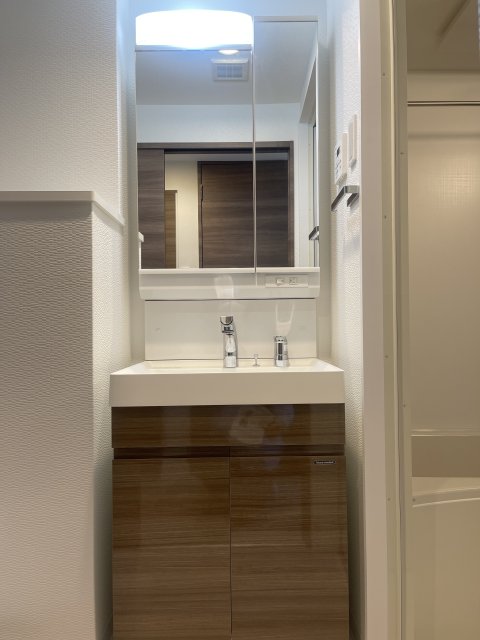 洗面設備　同物件別号室の写真。階数号室により配色の違いあり。
