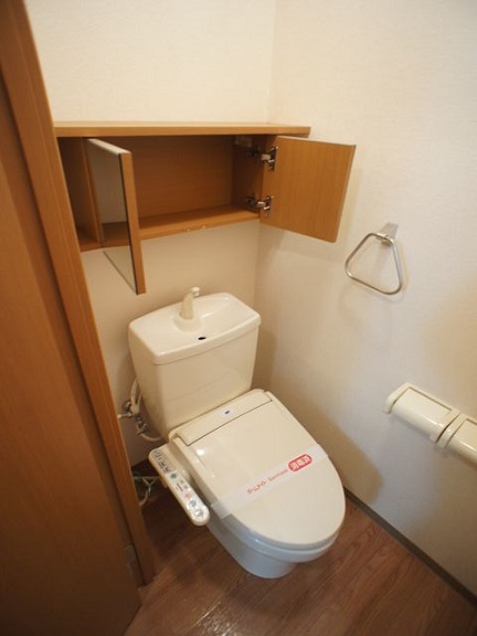 トイレ　便利な収納棚、温水洗浄暖房便座機能付きです。