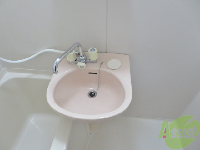 洗面設備　可愛らしい形とカラーの洗面台が付いてました。