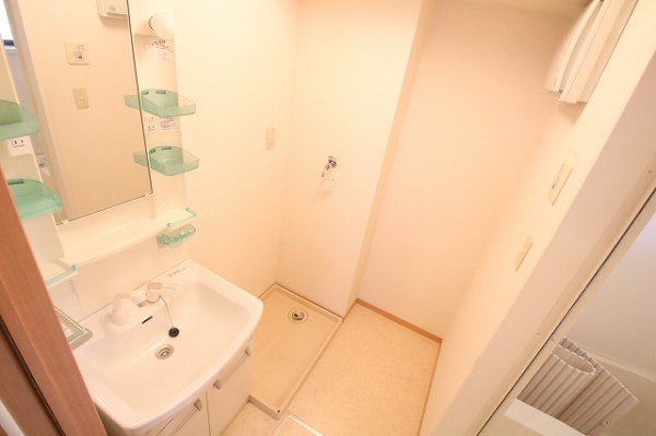 洗面設備　独立洗面台と室内洗濯機置場。使いやすい配置。