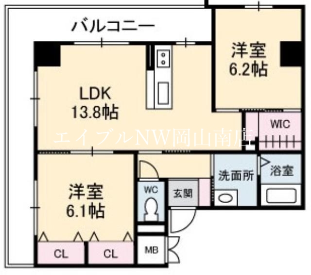 岡山市北区中山下のマンションの間取り