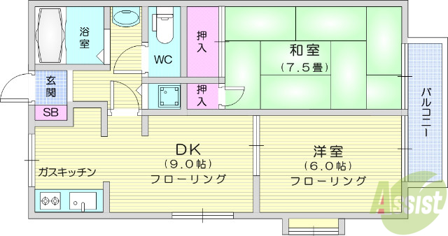 仙台市宮城野区高砂のアパートの間取り