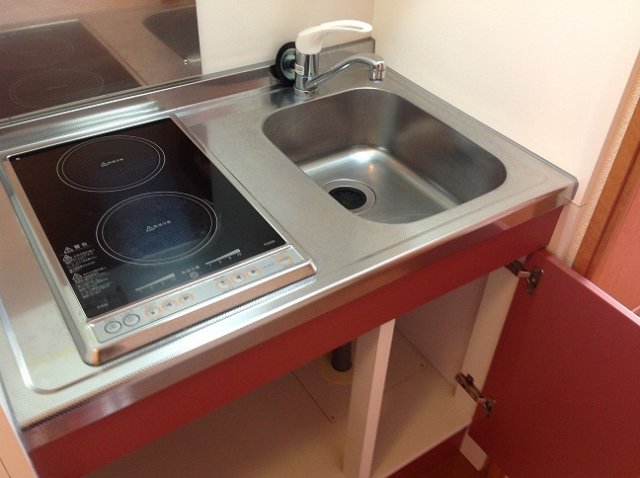 キッチン　収納棚付き、コンロの下にも収納有り。