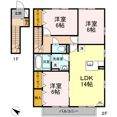 【福山市沖野上町のアパートの間取り】