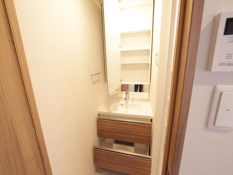 洗面設備　脱衣所　独立洗面台（シャンプードレッサー付）収納スペース有