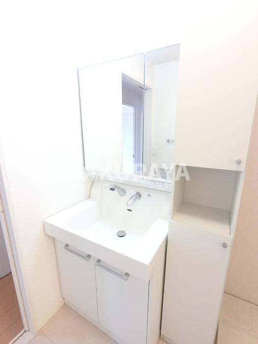 洗面設備　シャワーヘッド付き三面鏡洗面台です