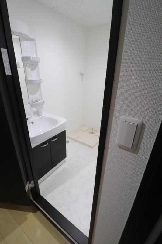 洗面設備　手前、シャワー洗面台　奥側、室内洗濯機置き場
