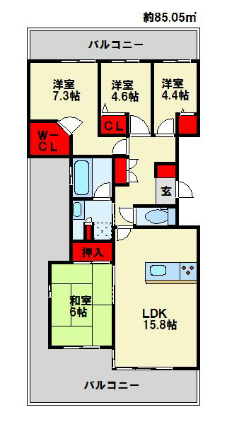 北九州市小倉北区金田のマンションの間取り