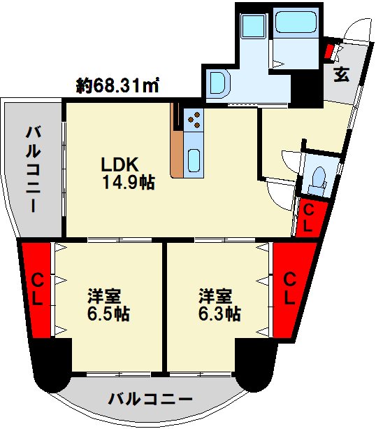 北九州市小倉北区京町のマンションの間取り