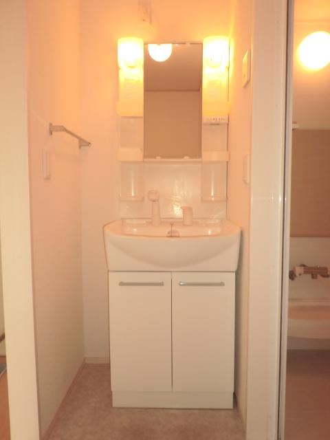 洗面設備　朝には欠かせない、洗髪化粧洗面台付。