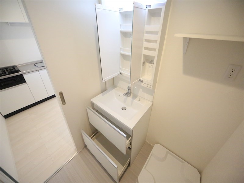 洗面設備　脱衣所　独立洗面台（シャンプードレッサー付）収納スペース有