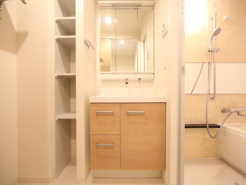 洗面設備　脱衣所　独立洗面台（シャンプードレッサー付）収納スペース有