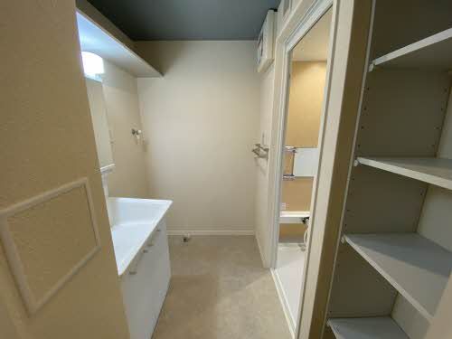 洗面設備　収納棚には洗剤やタオルを置いていただけます。