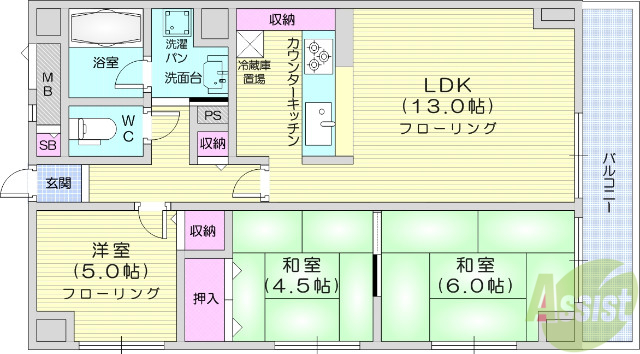 【仙台市宮城野区高砂のマンションの間取り】