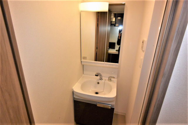 洗面設備　独立洗面台、小物を置くことができて便利です