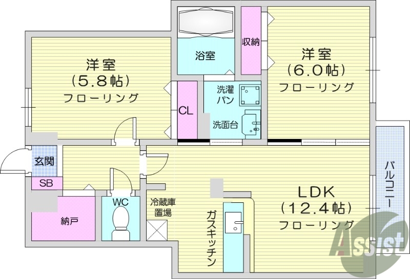 仙台市若林区沖野のアパートの間取り