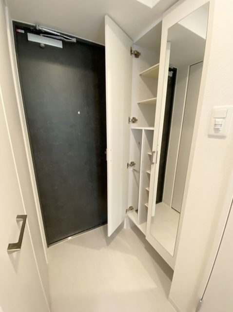 玄関　大きな鏡とシューズボックス