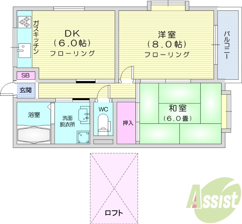 仙台市若林区南小泉のアパートの間取り