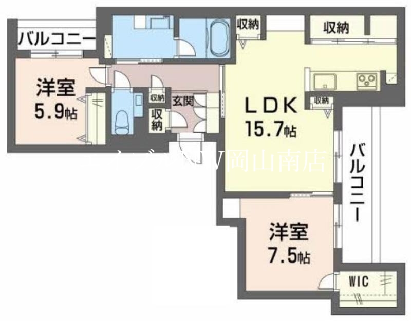 岡山市北区田中のマンションの間取り