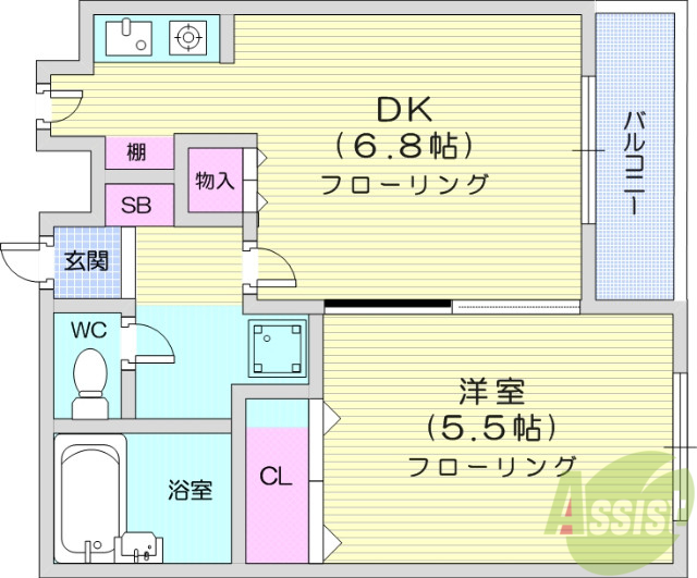 仙台市若林区東九番丁のマンションの間取り