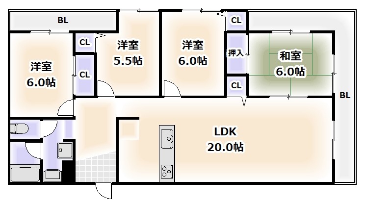 大阪市東住吉区南田辺のマンションの間取り