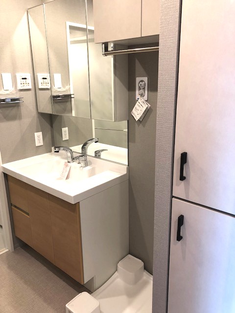 洗面設備　三面鏡、ハンドシャワー付き独立洗面室