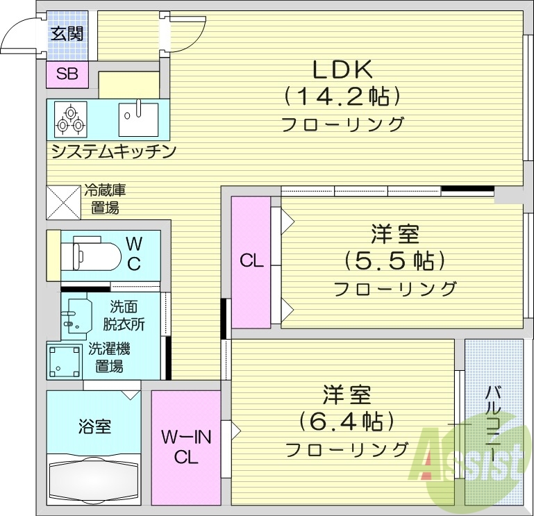 札幌市豊平区中の島二条のマンションの間取り