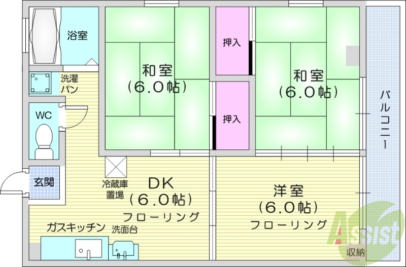 仙台市若林区石名坂のマンションの間取り