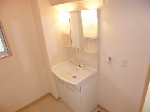 洗面設備　シャワー付きの洗面台でお掃除も楽々。広めのボウルで毎日の支…