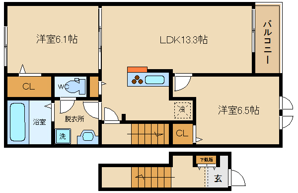 羽曳野市南恵我之荘のアパートの間取り