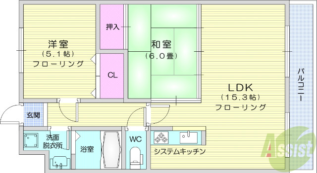 仙台市若林区沖野のマンションの間取り