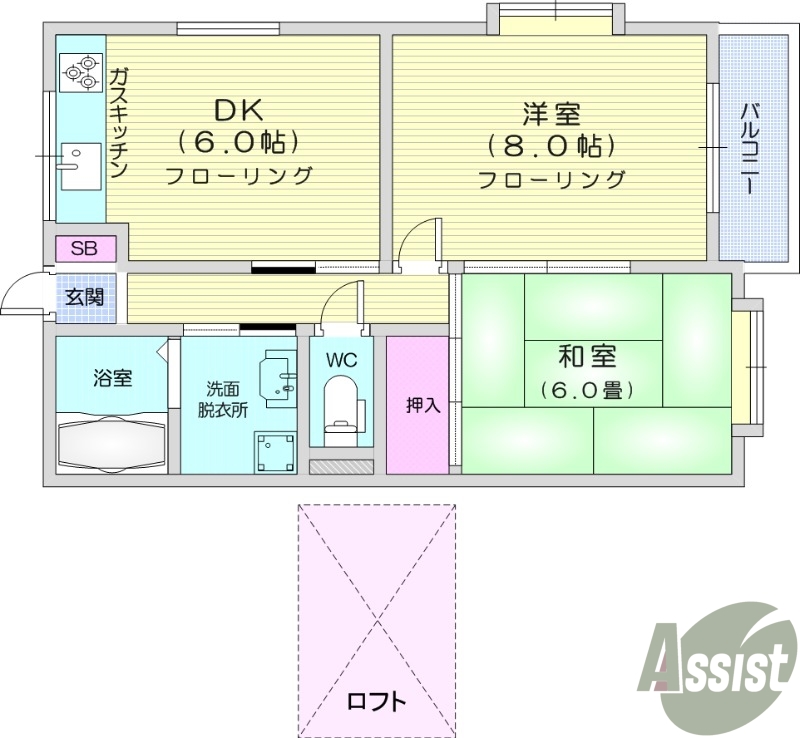 仙台市若林区南小泉のアパートの間取り