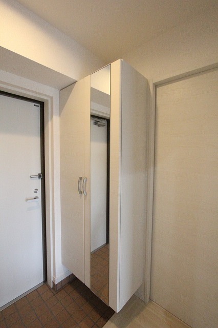 玄関　鏡付下駄箱・人感センサー付照明・手すり付