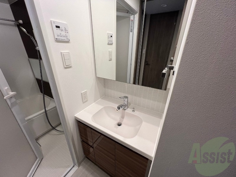 洗面設備　洗面は収納もあり鏡も大きいので身支度に便利です