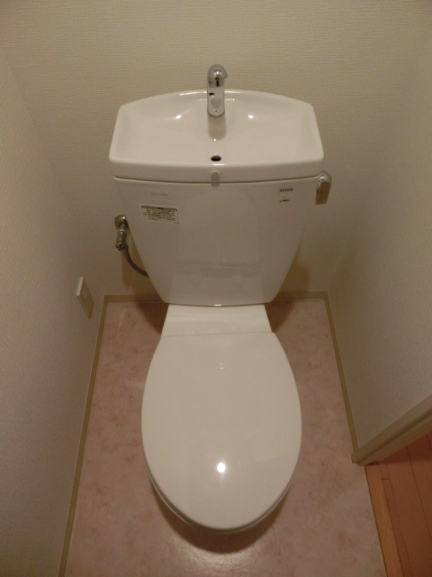 トイレ　上部に棚が有りますのでストックは棚へ