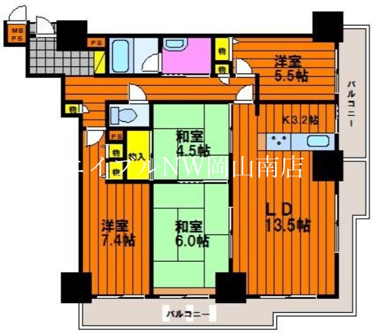 岡山市北区国体町のマンションの間取り