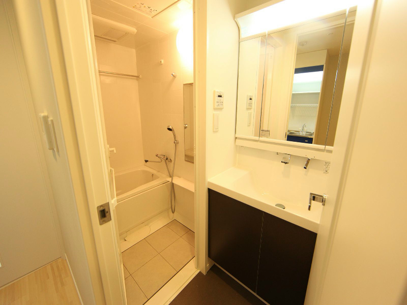 洗面設備　脱衣所　独立洗面台（シャンプードレッサー付）収納スペース有