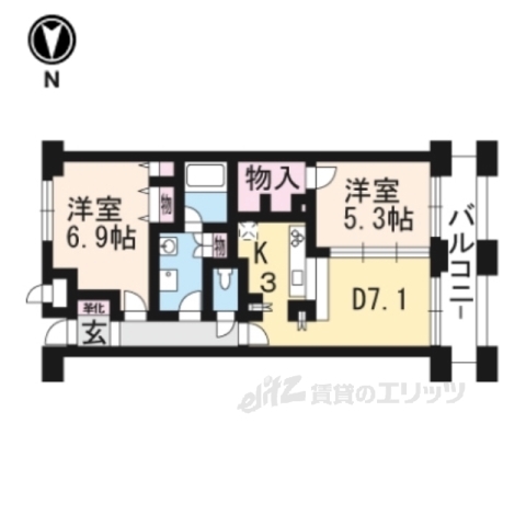 京都市山科区東野片下リ町のマンションの間取り