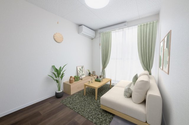 居室・リビング　南向きの窓。2台エアコン、室内物干し付※リフォームイメージ図