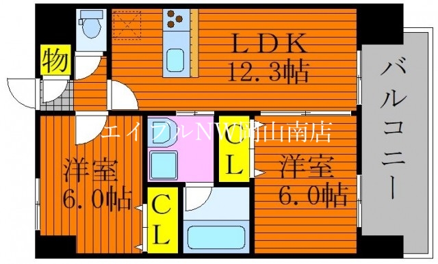 【岡山市北区柳町のマンションの間取り】