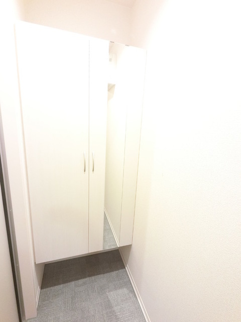 玄関　広めのＢｏｘは収納力ばっちり。トールタイプのミラーついてます