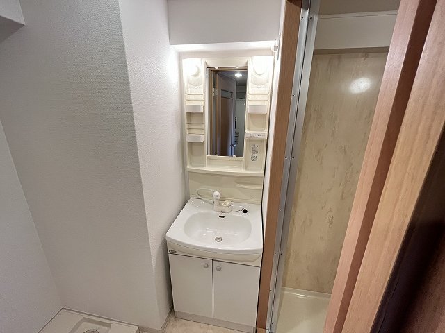洗面設備　独立洗面台、小物を置くことができて便利です