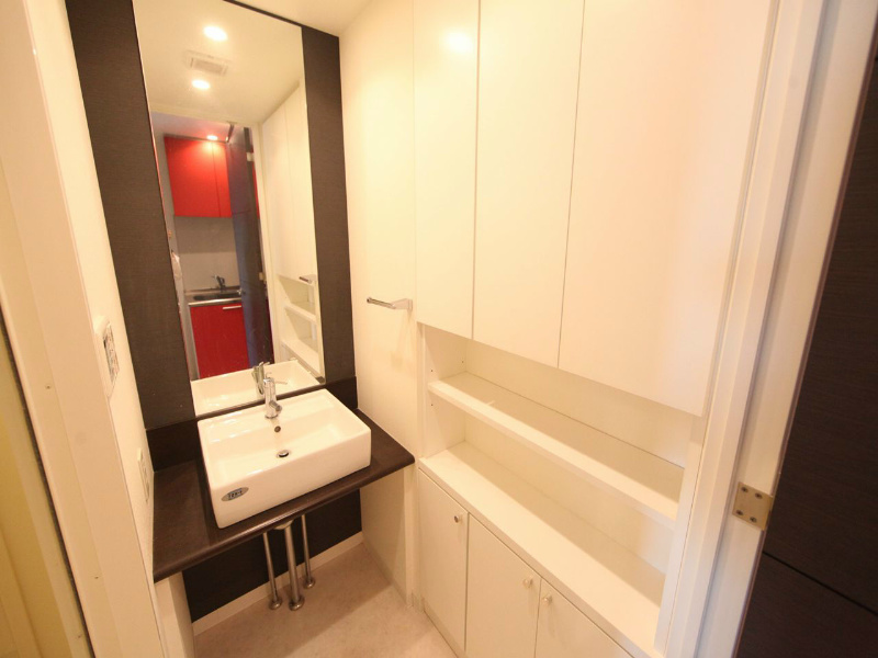 洗面設備　脱衣所　独立洗面台　収納棚付き