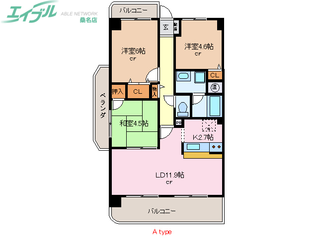 桑名市大字友村のマンションの間取り