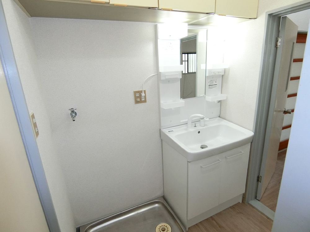 洗面設備　ドアがある独立タイプ。洗面台はシャワー付き